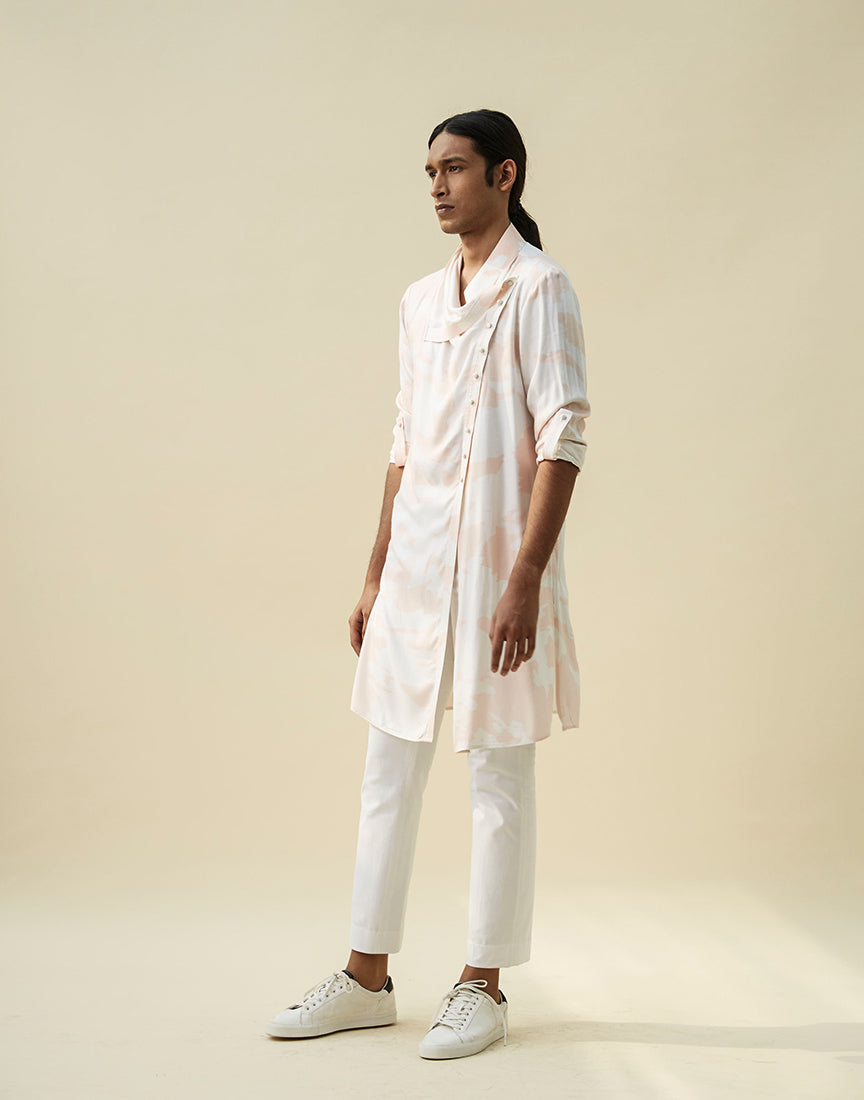 White & Peach Printed Kurta