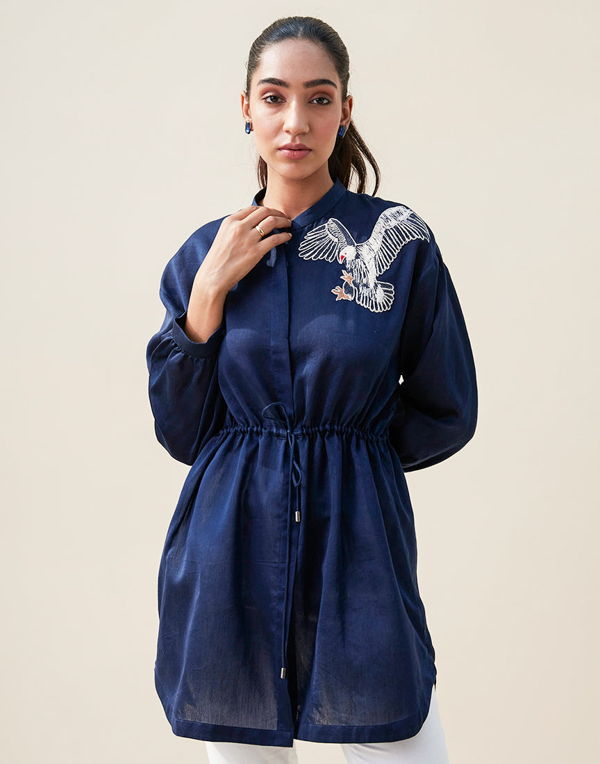 Blue Chanderi Shirt Dress With Embroidery