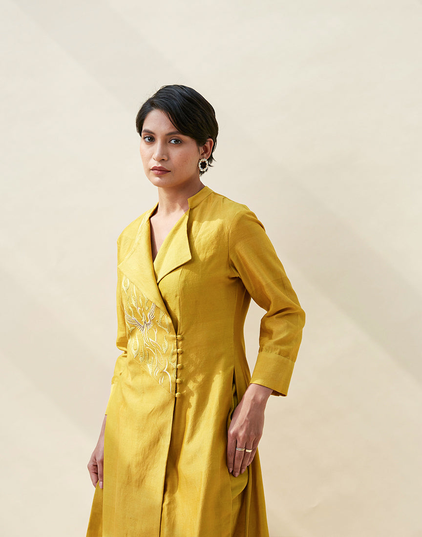Mustard Front Open Chanderi Dress