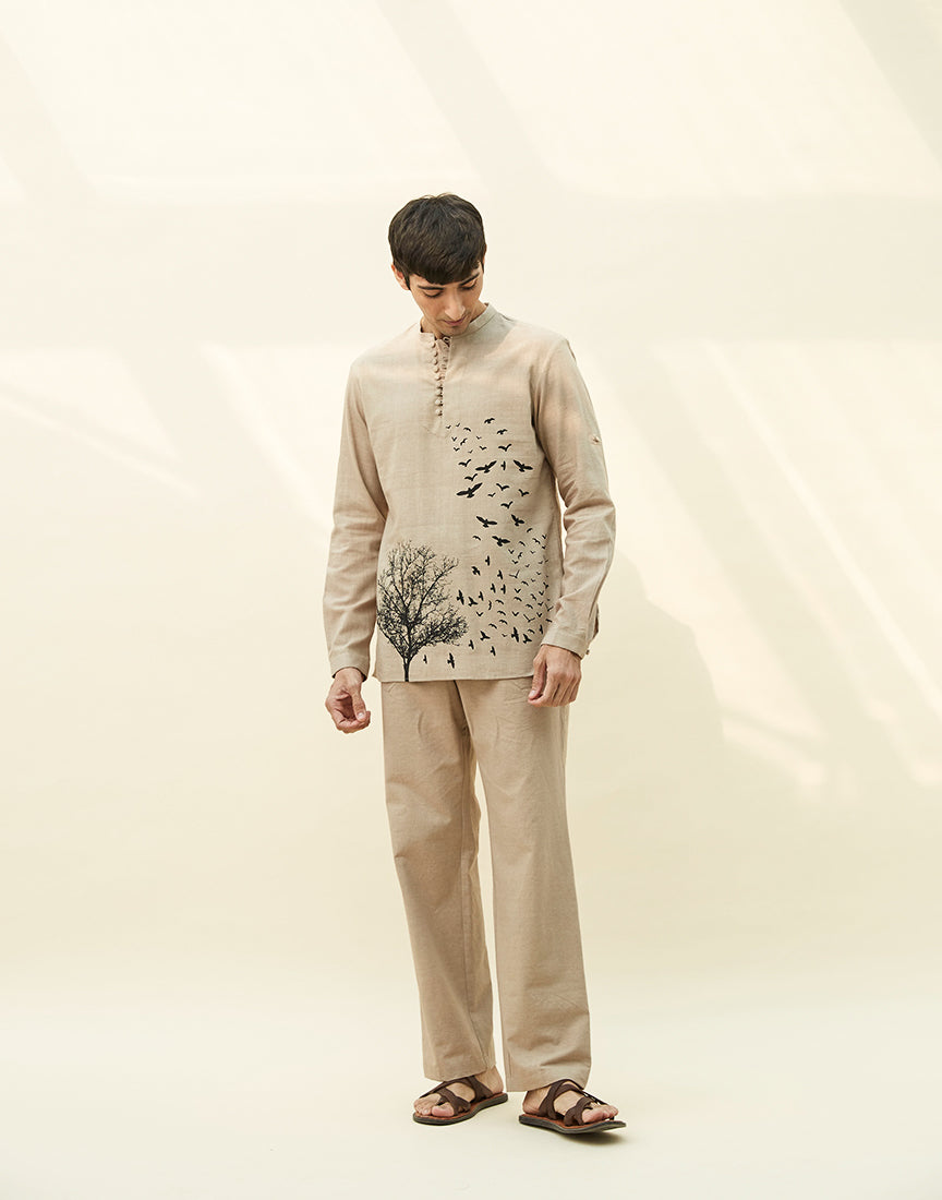 Beige Khadi Tunic With Block Print