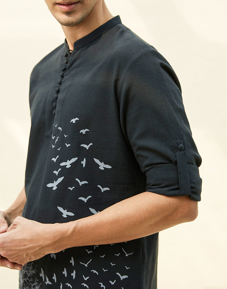 Black Khadi Tunic With Block Print