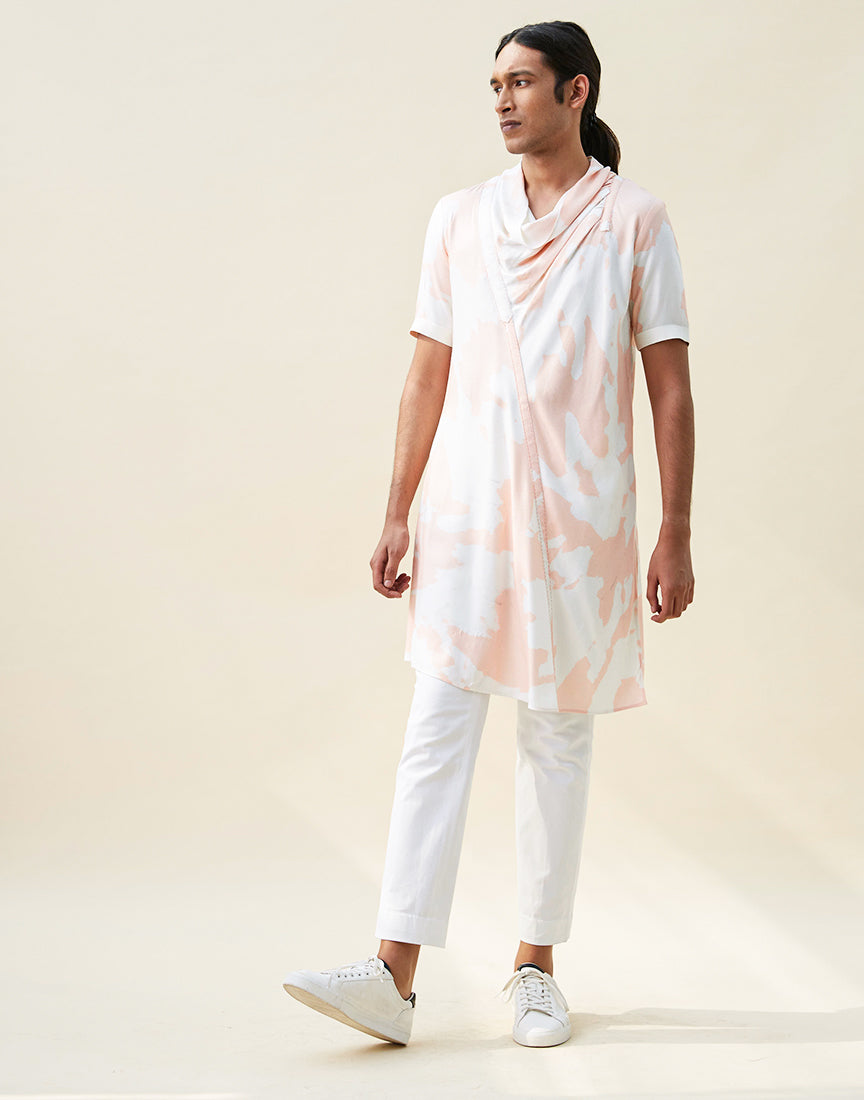 White & Peach Cowl Neck Printed Kurta