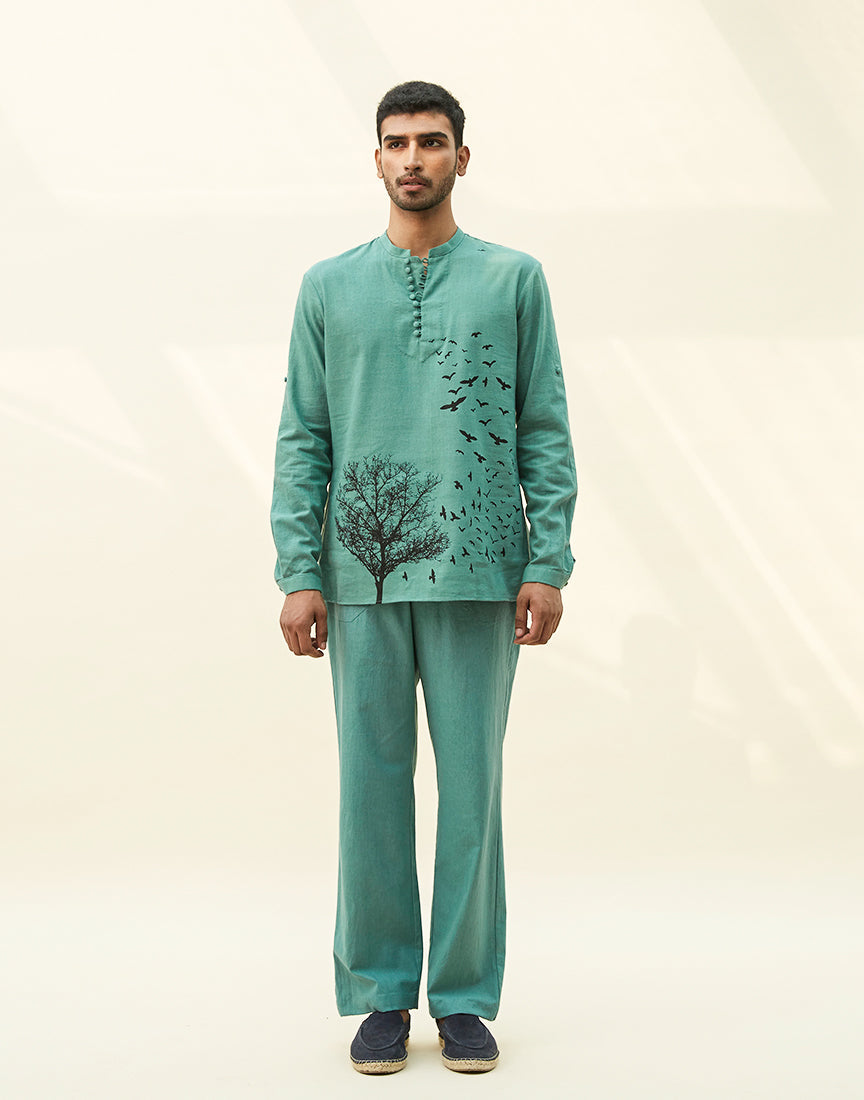 Sea Green Khadi Tunic With Block Print