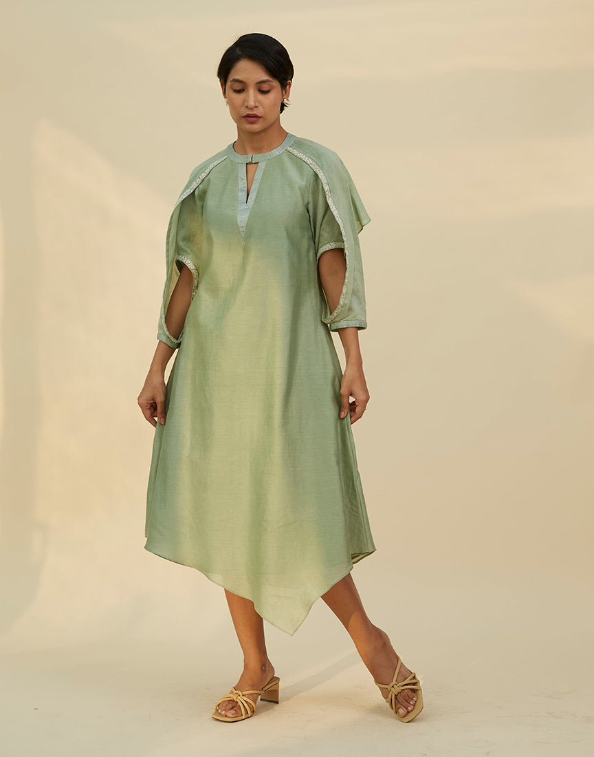 Chanderi Green Front Open Dress