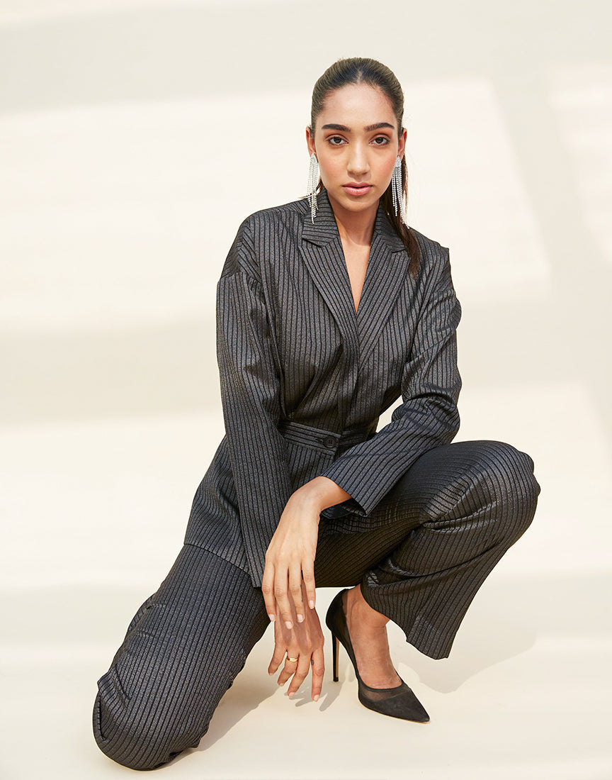 Black Stripes Jacket Collar Dress