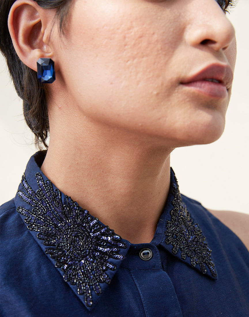 Blue Chanderi Embroidery Collar Dress
