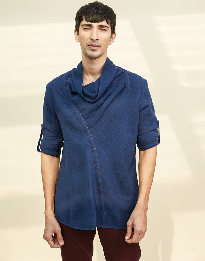 Blue Khadi Cowl Neck Tunic