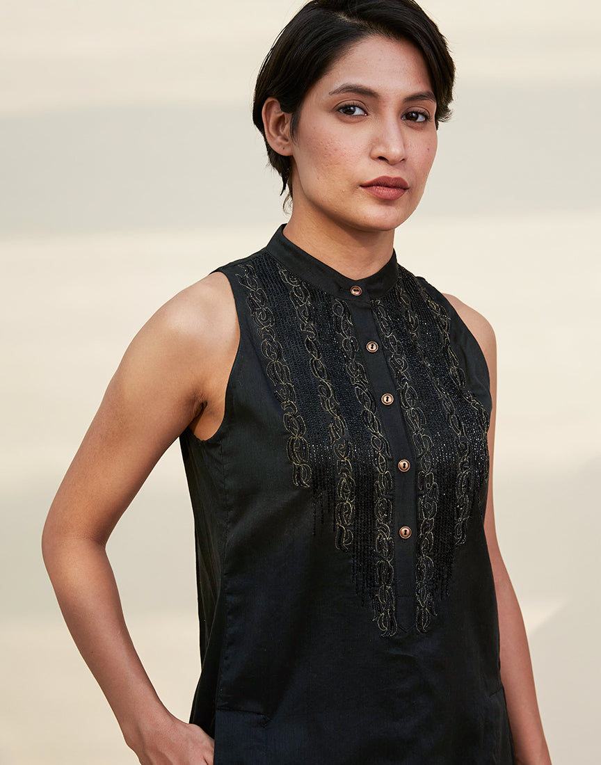 Chanderi Black Front Open Dress