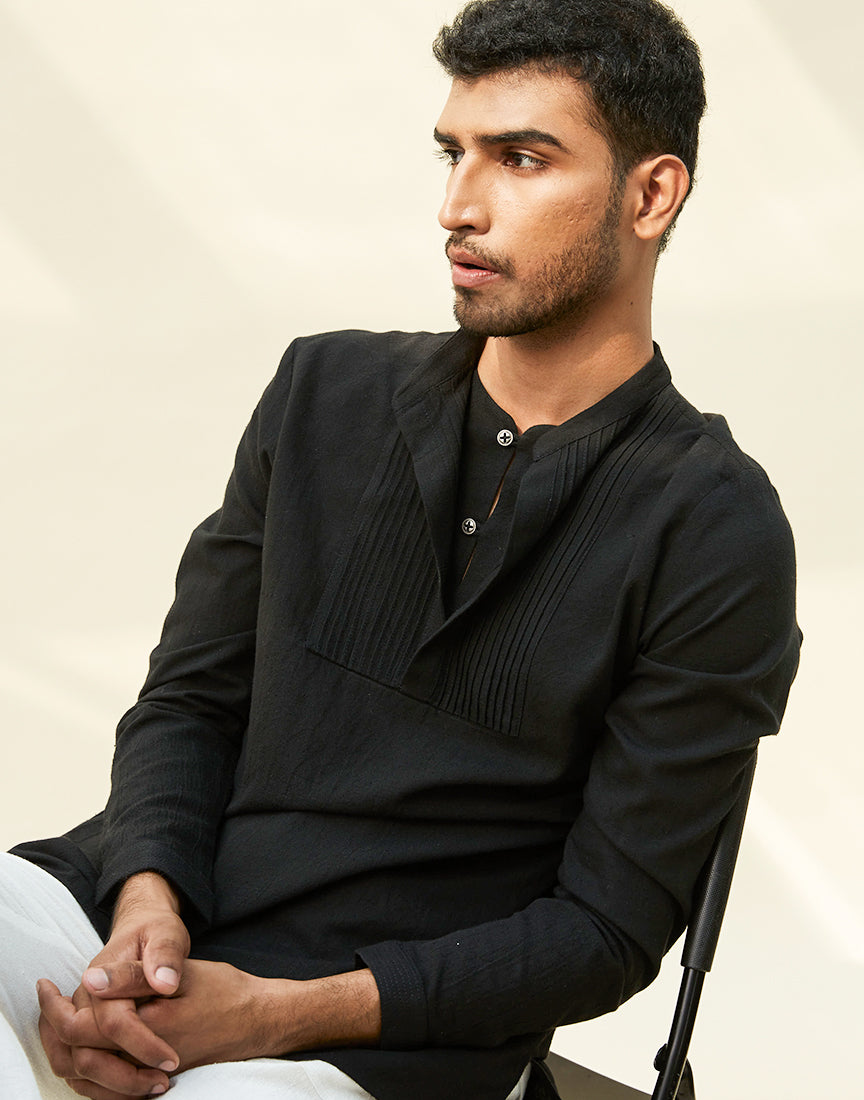 Black Khadi Pintek Short Kurta
