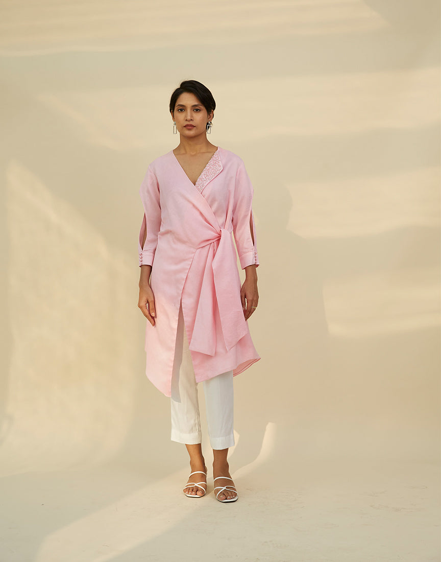 Pink Chanderi Front Open Dress