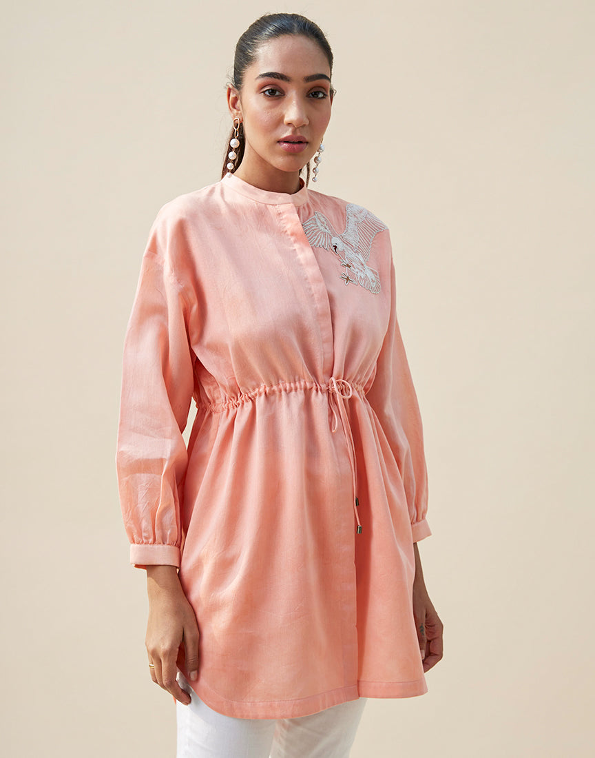 Peach Chanderi Shirt Dress With Embroidery