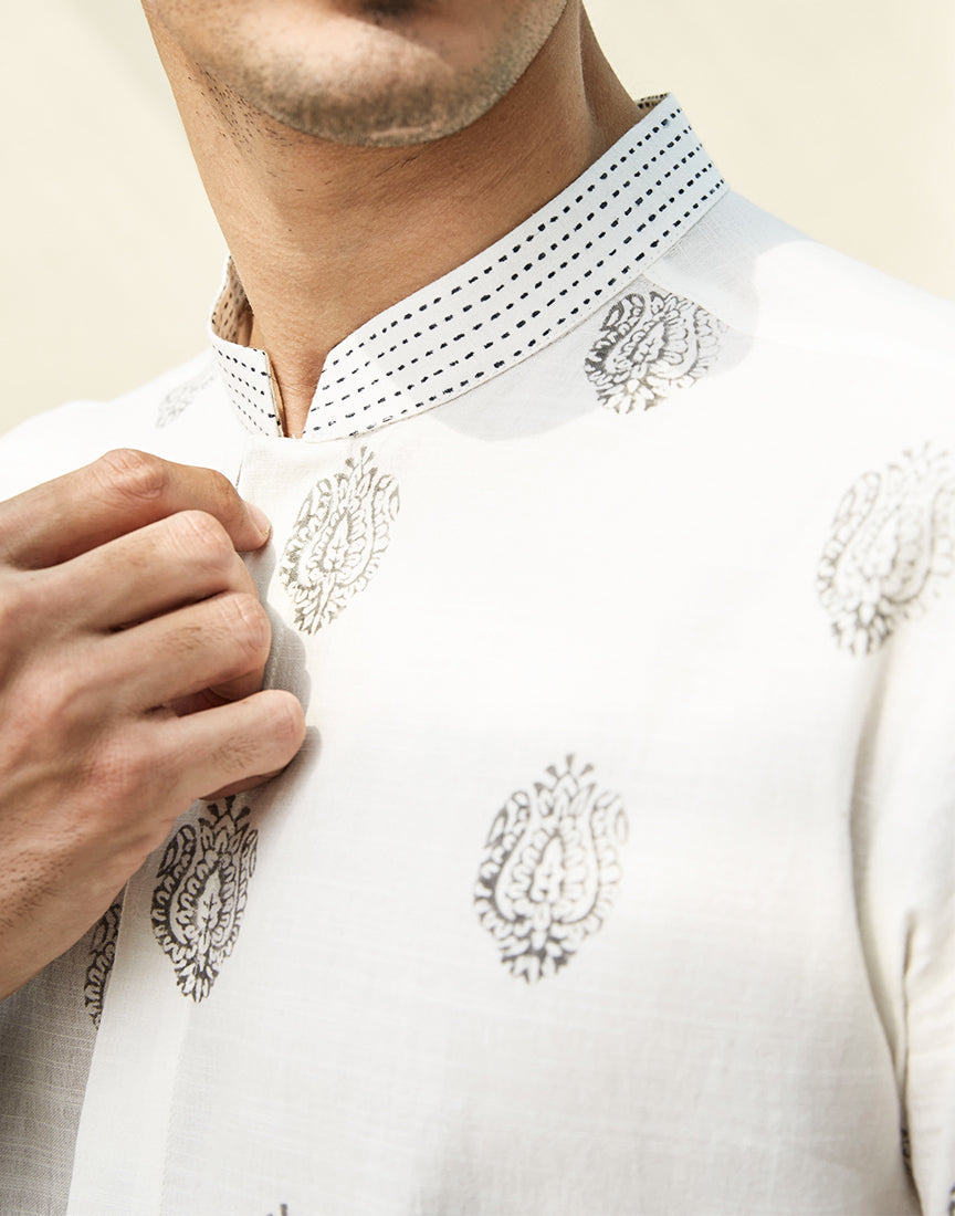White Khadi Block Print Shirt