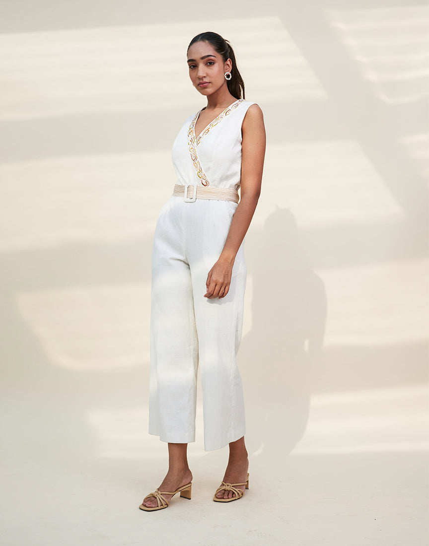 White Cotton Front Open Jumpsuit