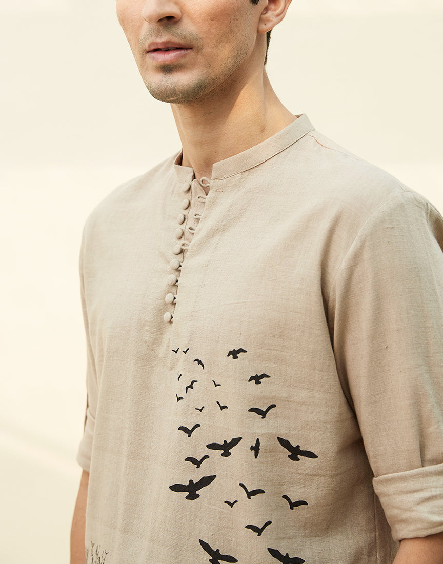 Beige Khadi Tunic With Block Print