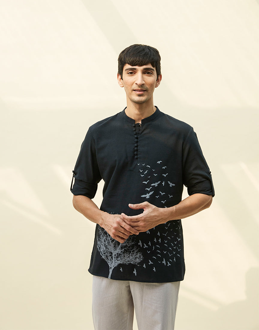 Black Khadi Tunic With Block Print