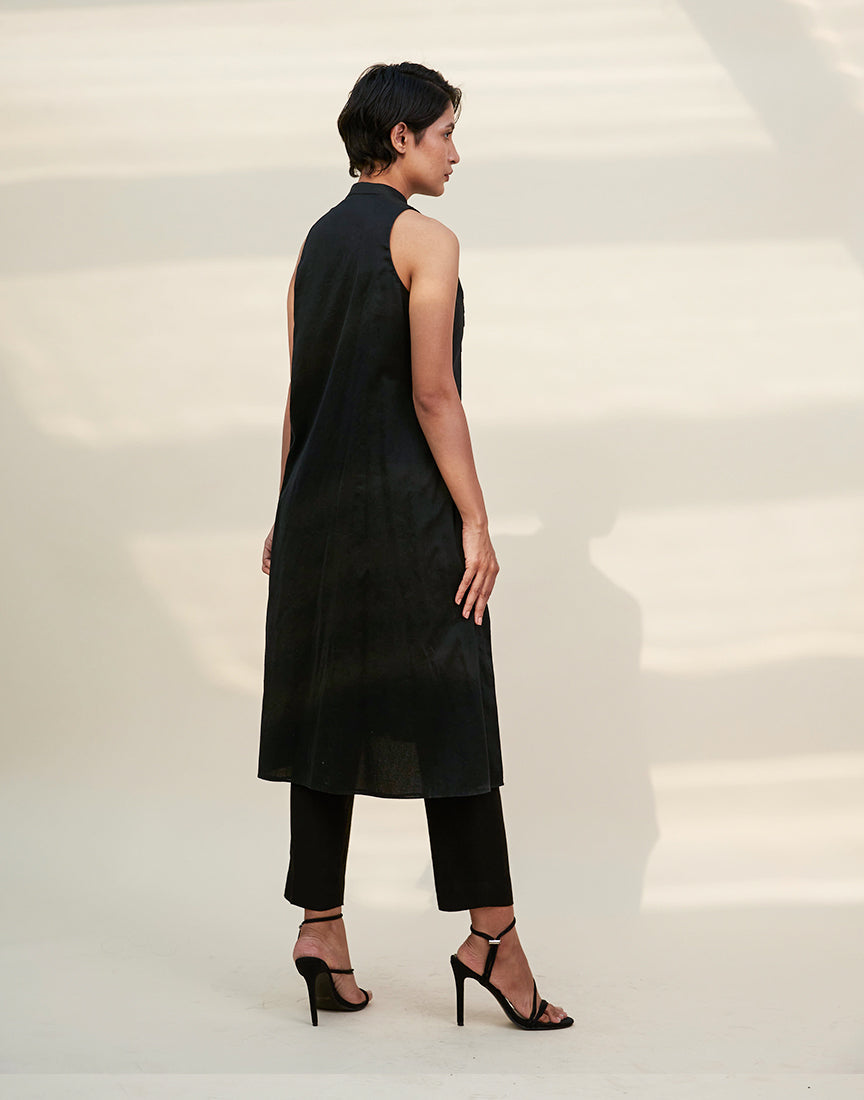 Chanderi Black Front Open Dress