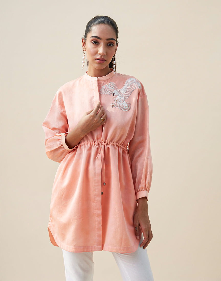 Peach Chanderi Shirt Dress With Embroidery