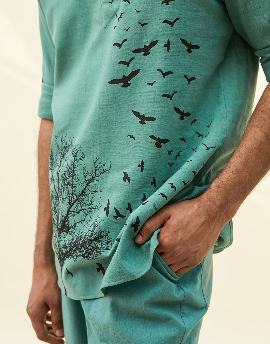 Sea Green Khadi Tunic With Block Print