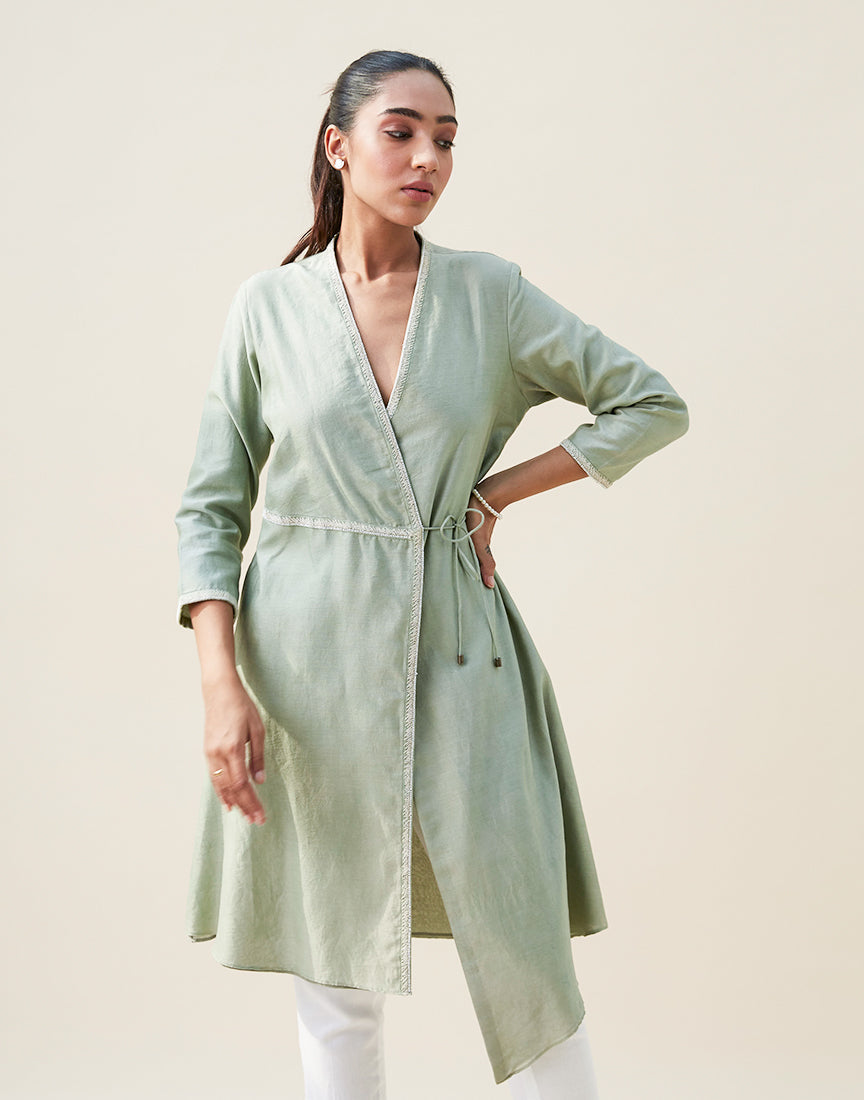 Green Chanderi Front Open Dress