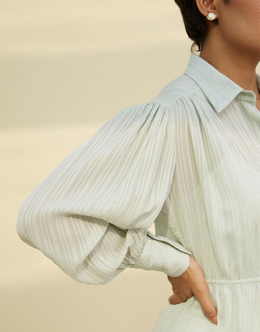 Green Classic Collar Stripes Shirt Dress