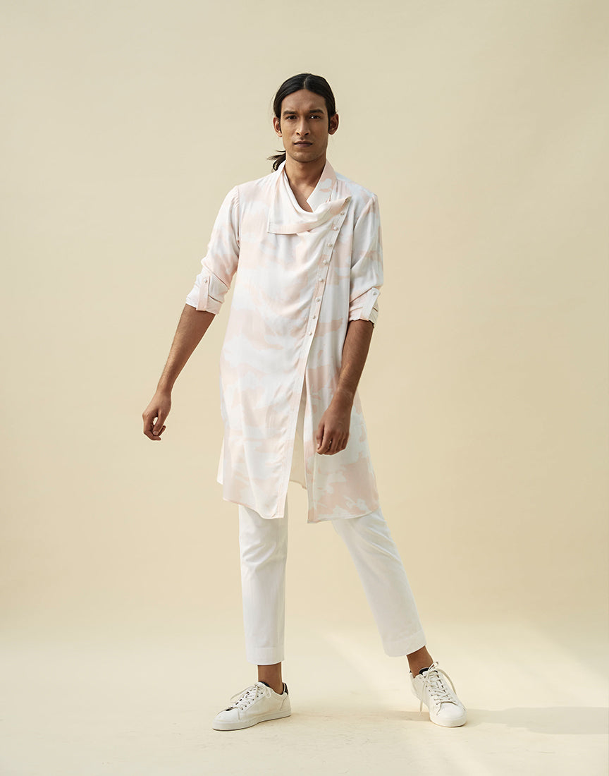 White & Peach Printed Kurta