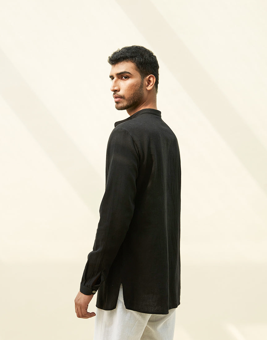 Black Khadi Pintek Short Kurta