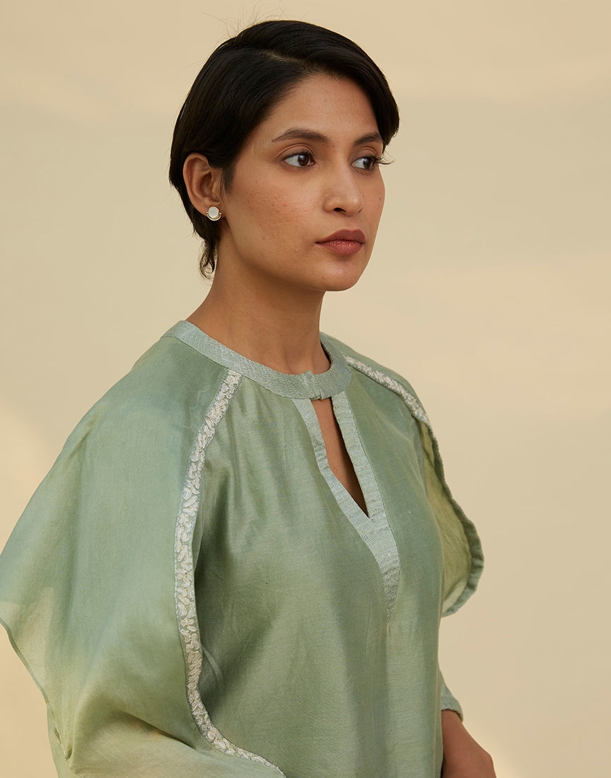 Chanderi Green Front Open Dress