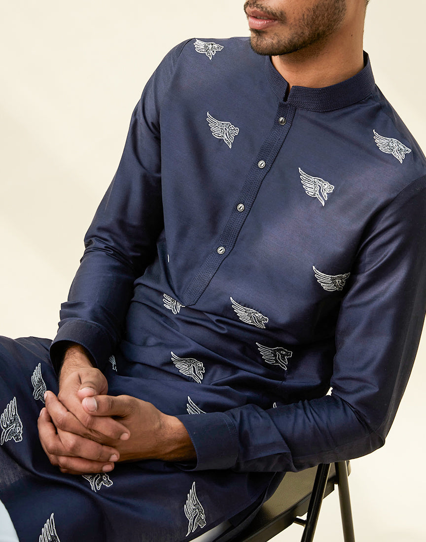 Blue Khadi Embroidery Kurta