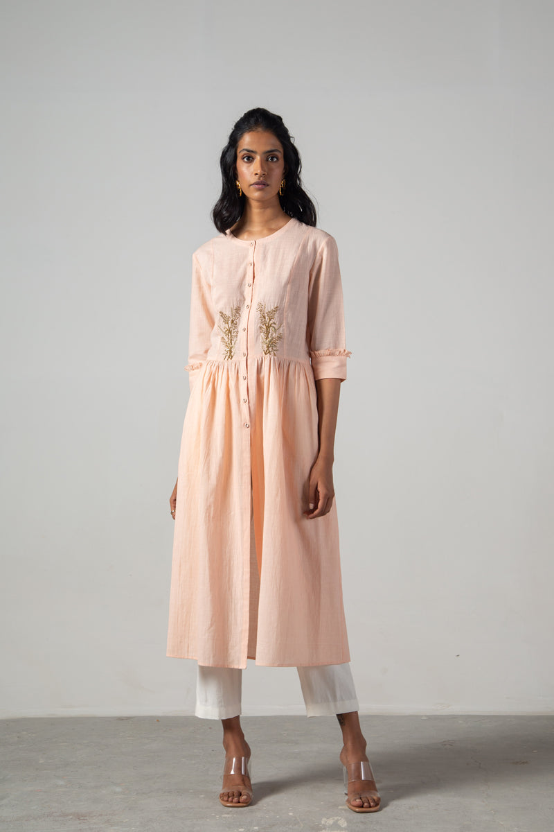 Pink dess with front yoke embroidery