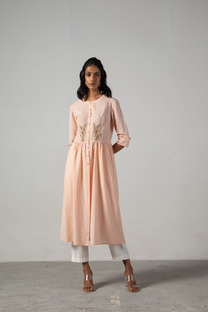 Pink dess with front yoke embroidery