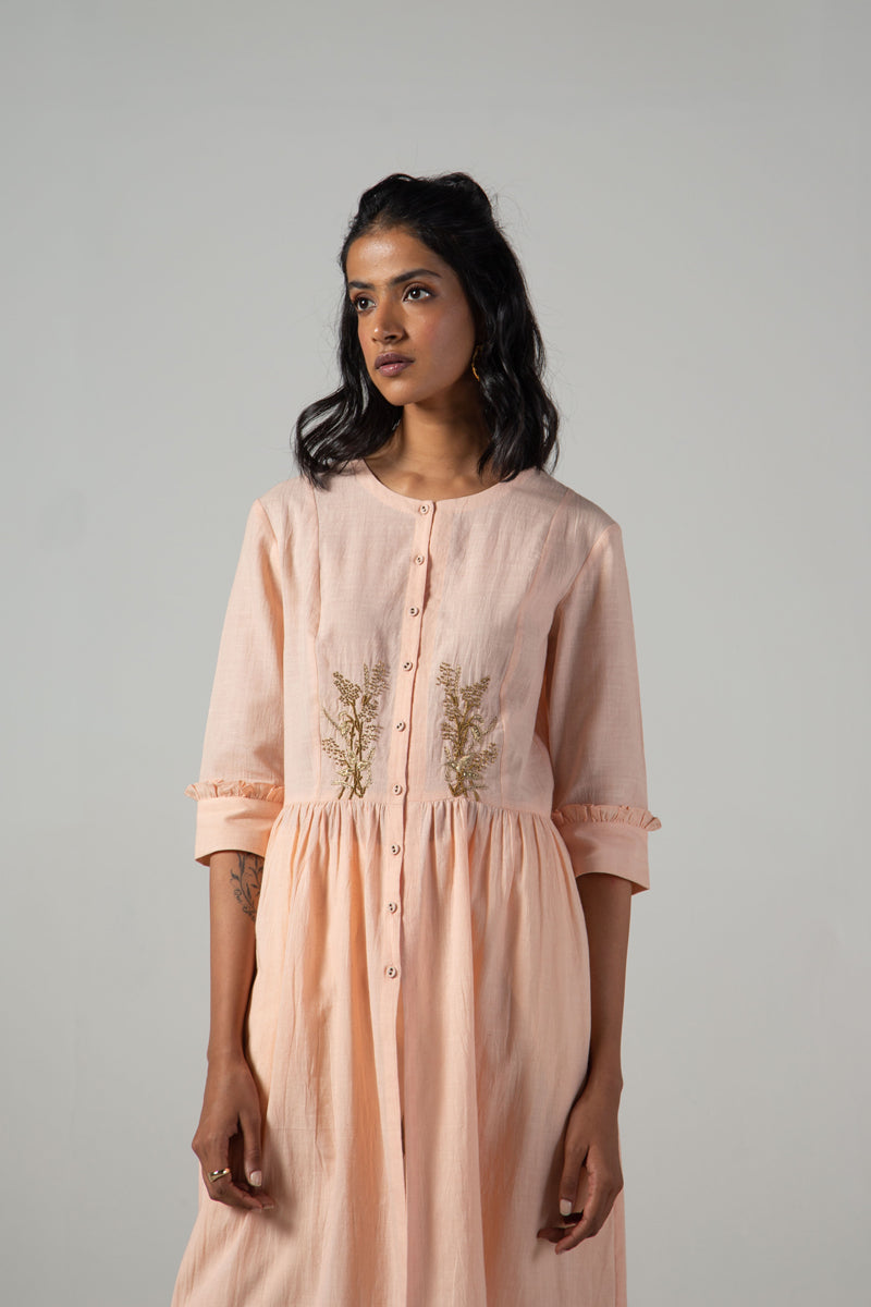 Pink dess with front yoke embroidery