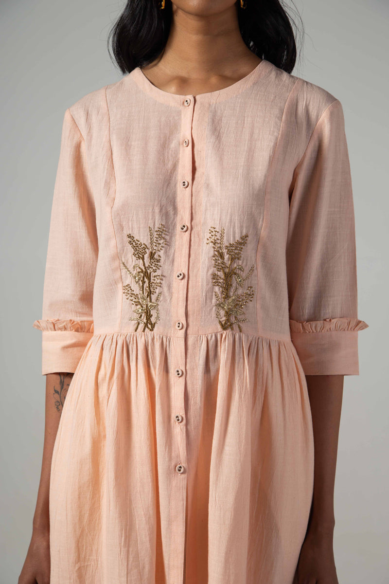 Pink dess with front yoke embroidery