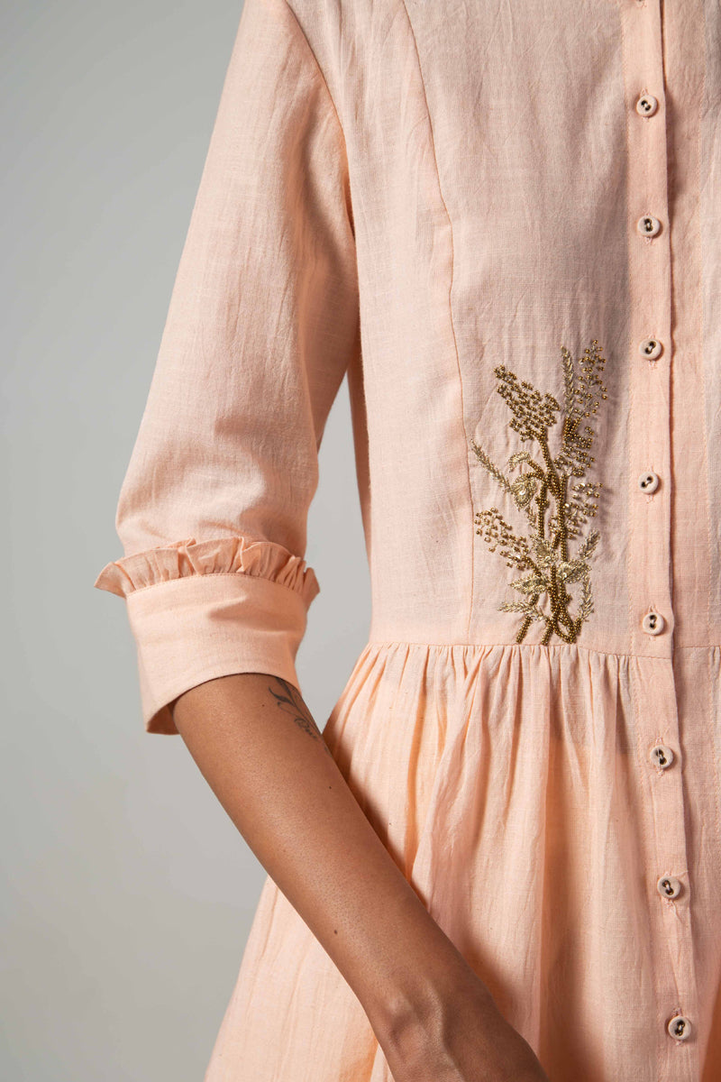Pink dess with front yoke embroidery