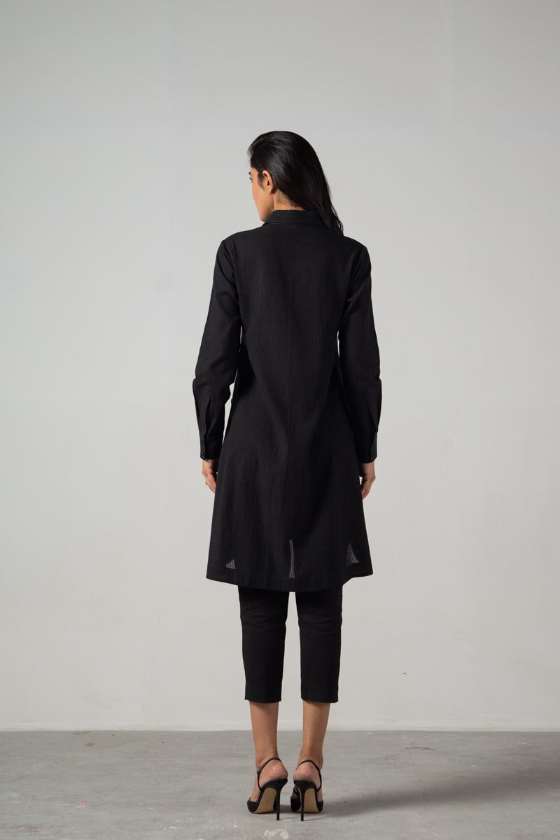 Black long side button shirt with front embroidery
