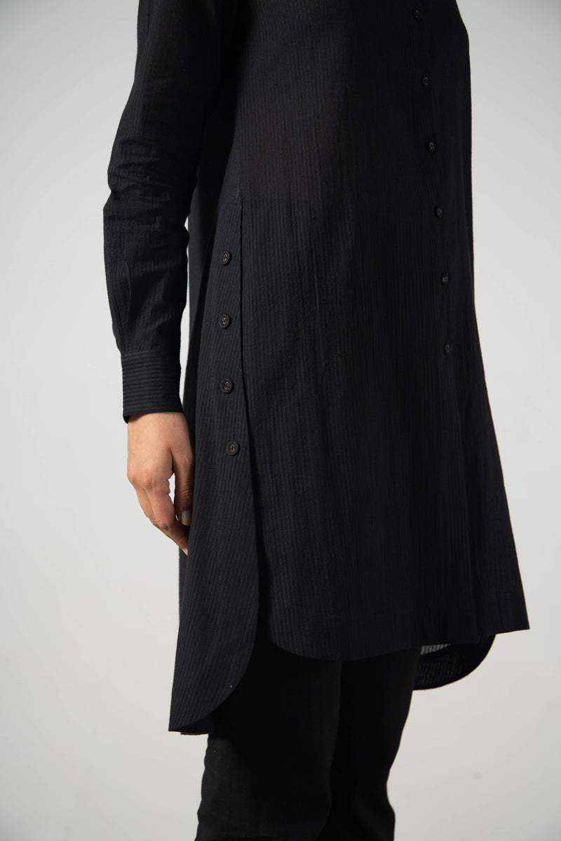 Black long side button shirt with front embroidery