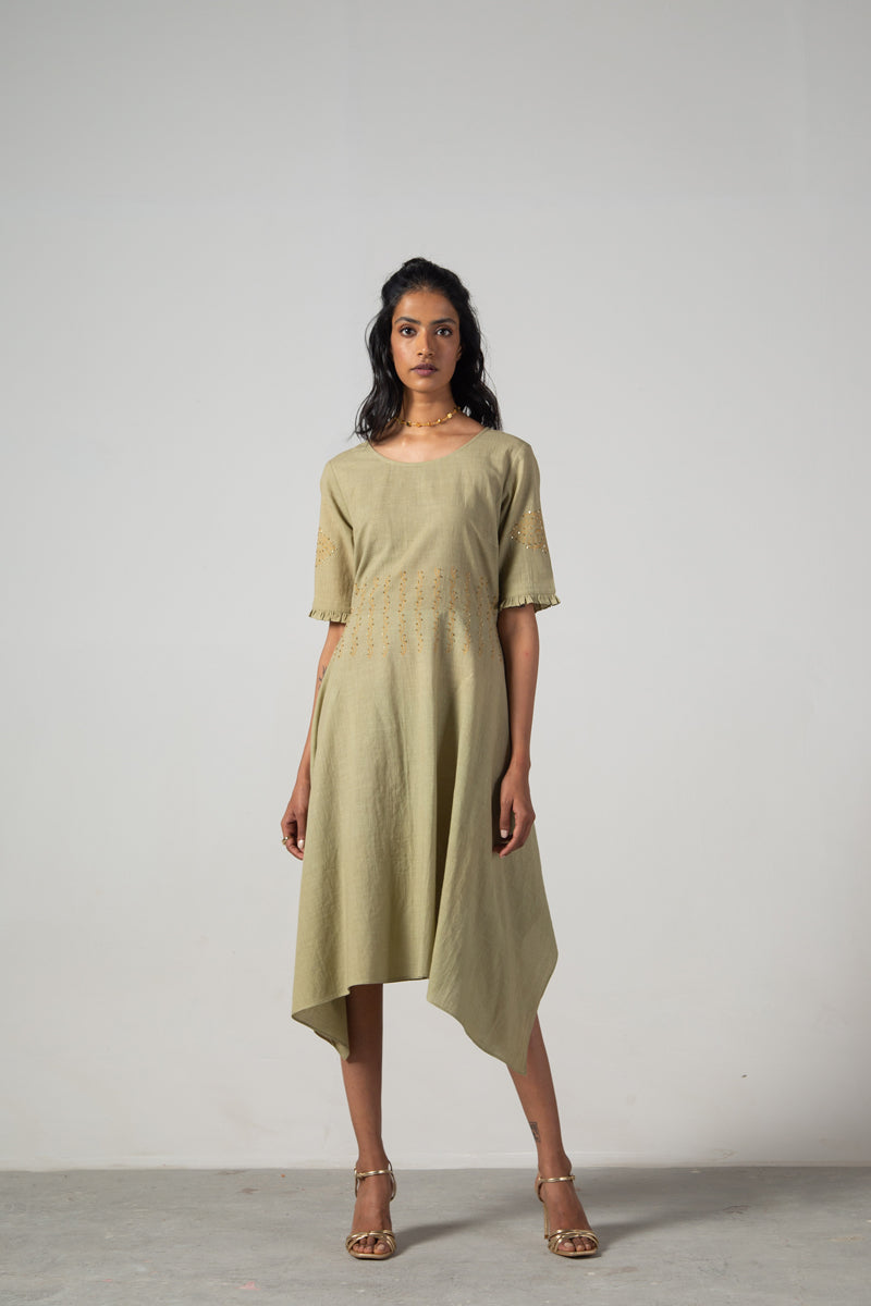Green dress with block print