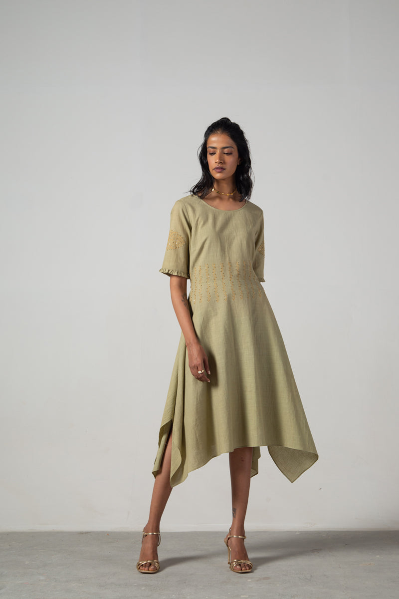 Green dress with block print