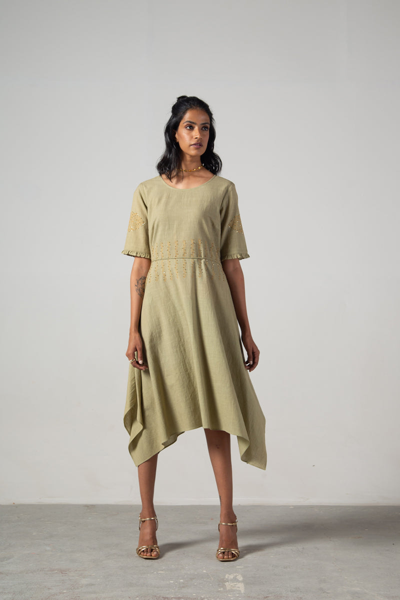 Green dress with block print