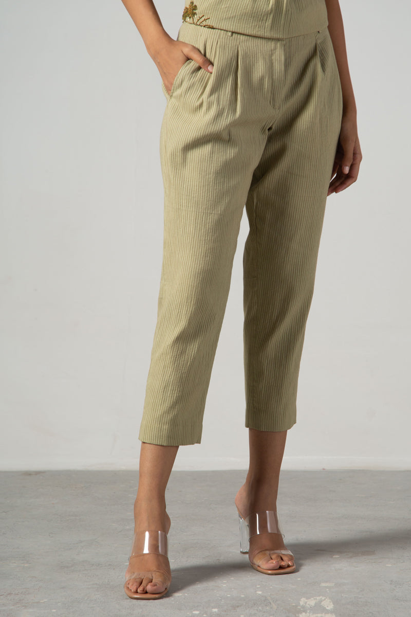 Green stripe straight fit pleated pants