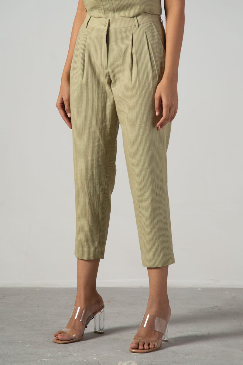 Green stripe straight fit pleated pants