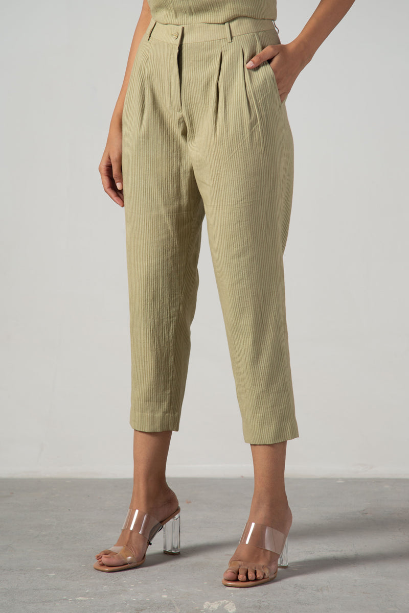 Green stripe straight fit pleated pants