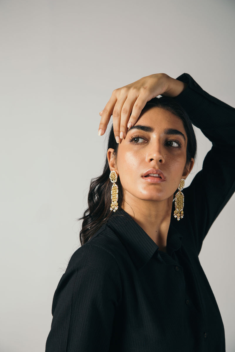 Black long side button shirt with bottom embroidery