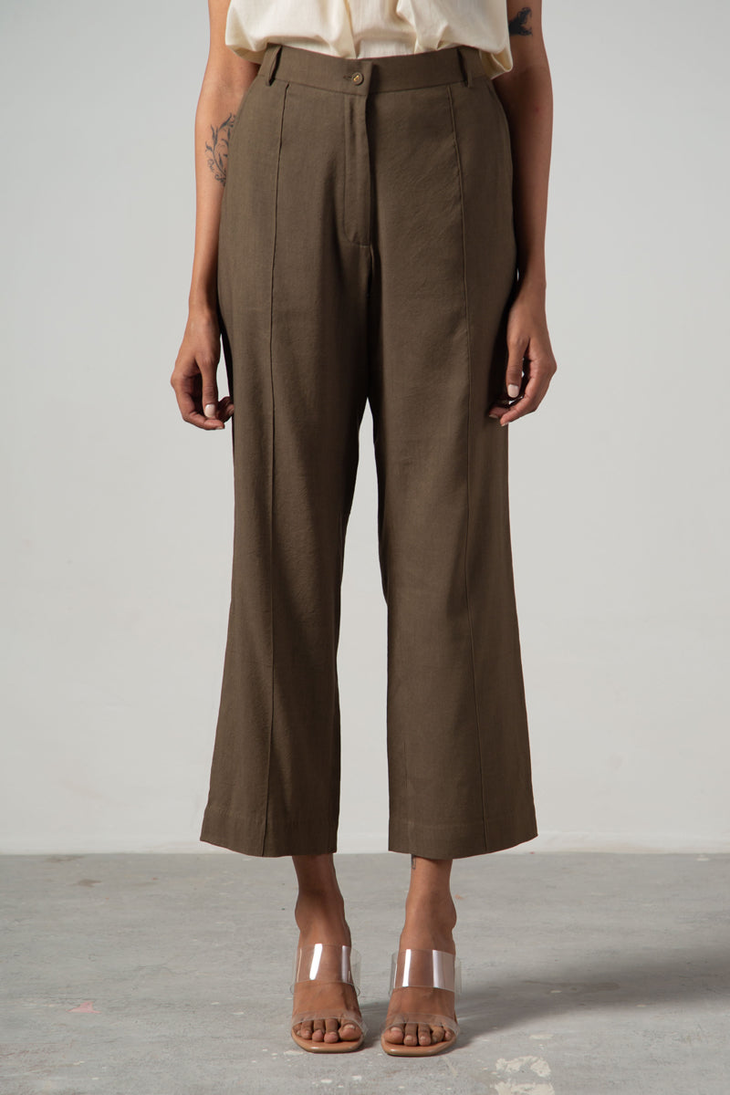 olive green straight pants with pin tuck