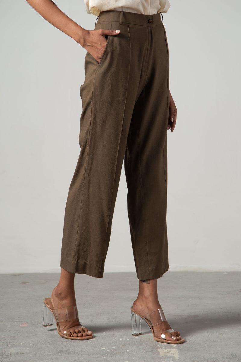 olive green straight pants with pin tuck