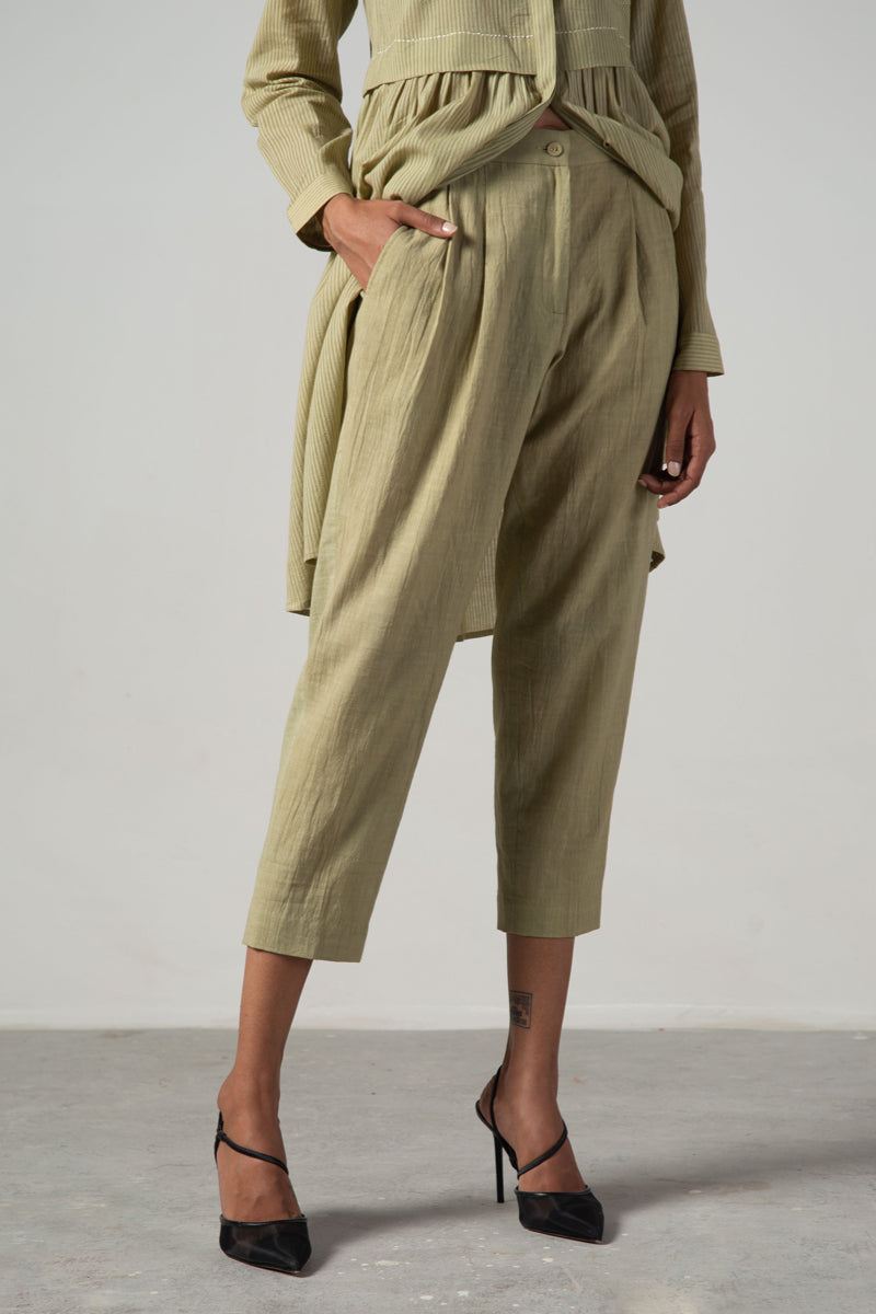 Green solid straight fit pleated pants