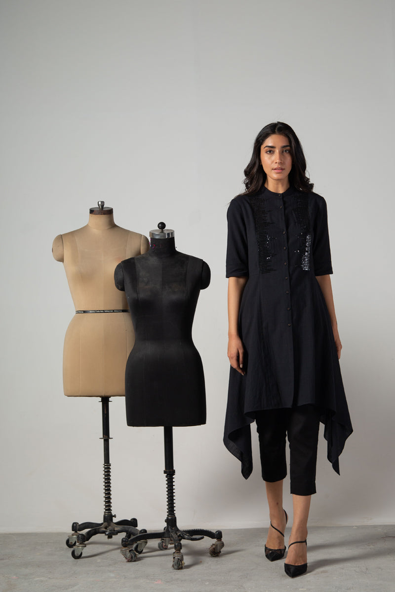 Black tail dress with sequins yoke